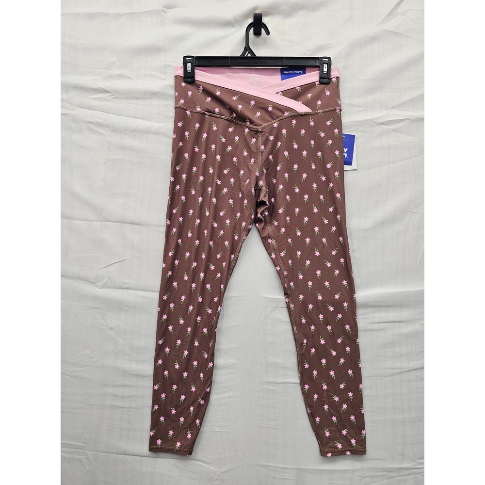 Joy Lab Womens 7/8 Floral Leggings Brown Nylon Blend Athletic Size Large